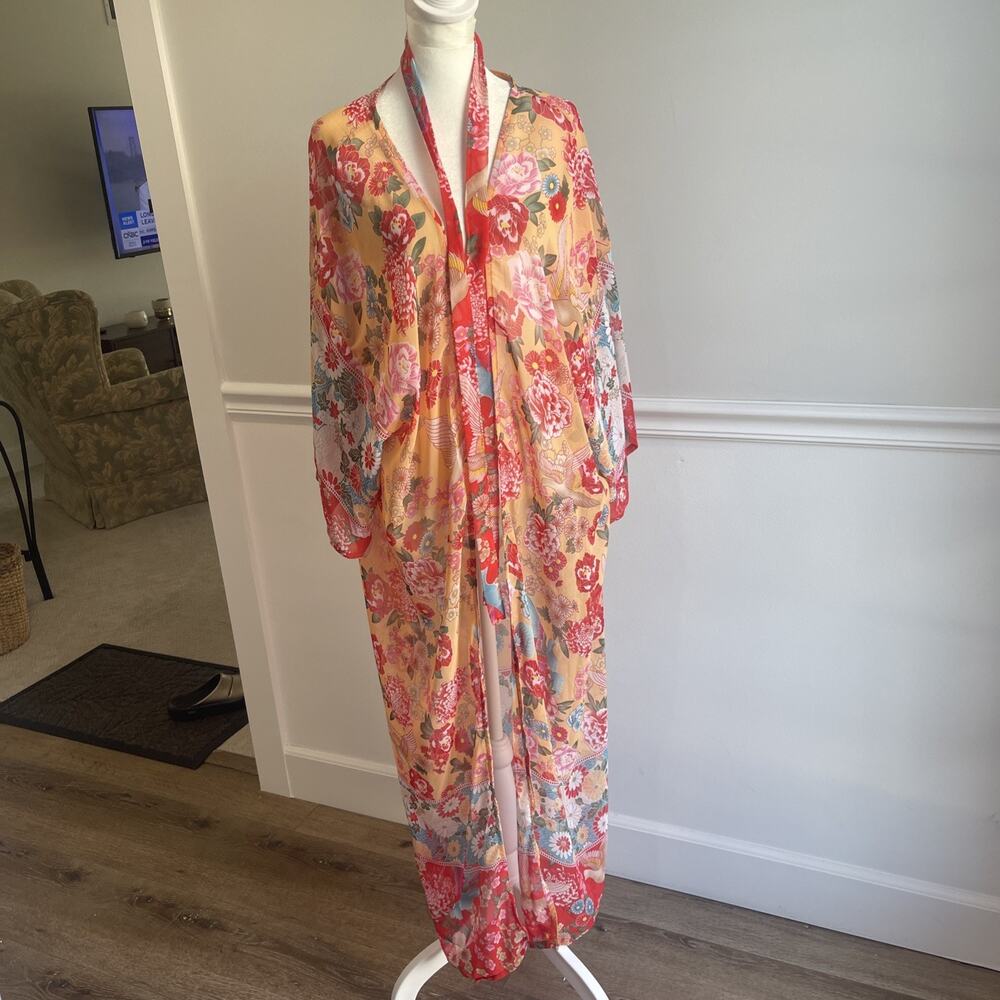 Sheer Floral Kimono Robe Maxi Cover Up Birds Duster Boho Belted Garden Gypsy
